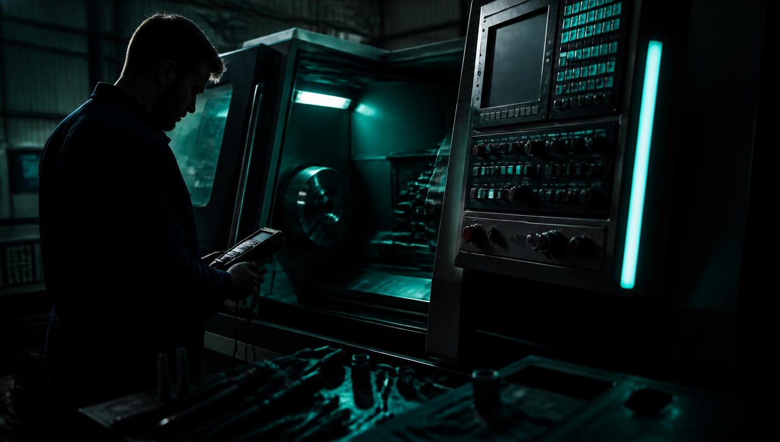Técnico da SMI no painel de comando de uma máquina CNC