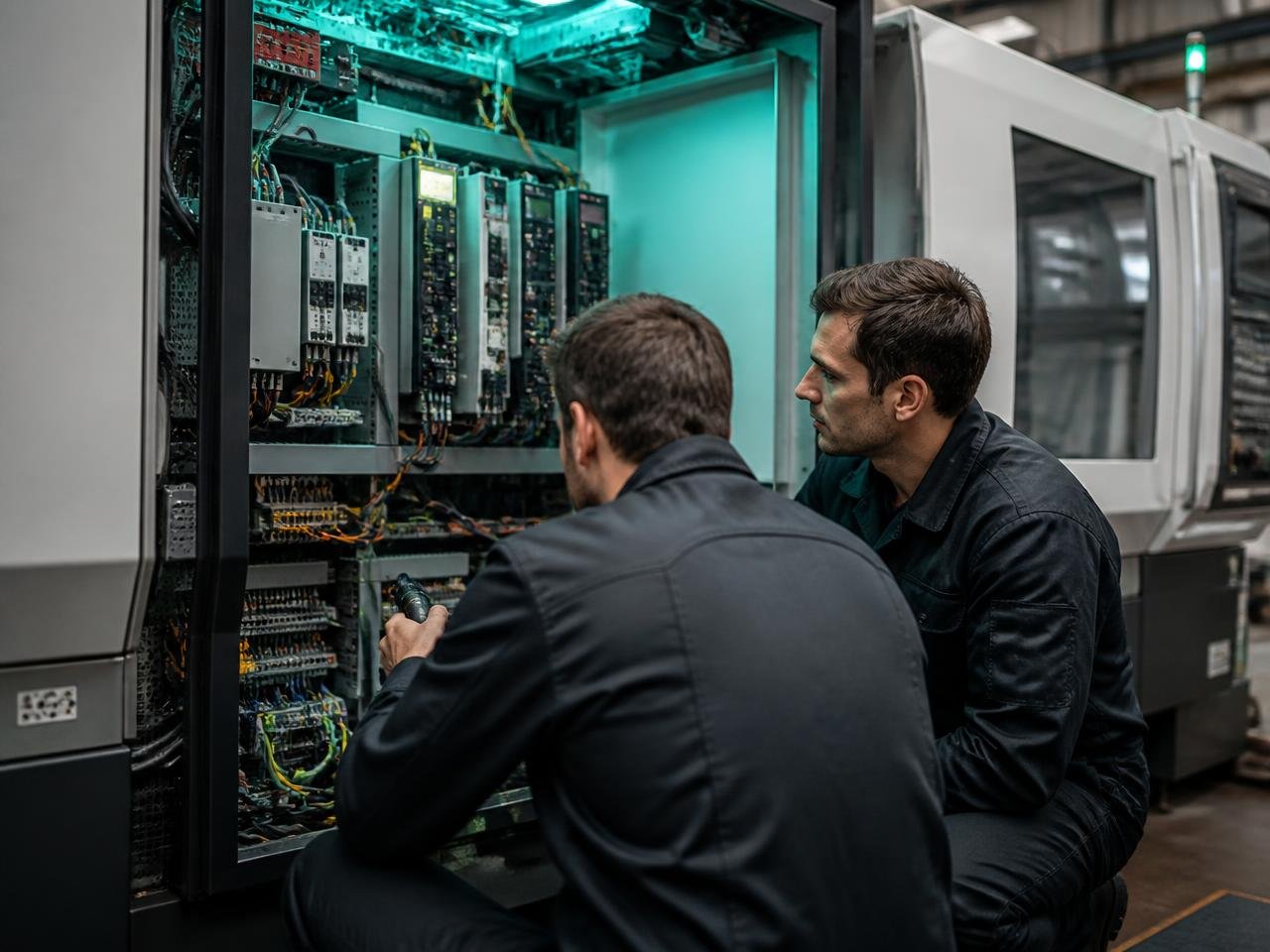 Técnicos da SMI analisando o painel elétrico de uma máquina CNC